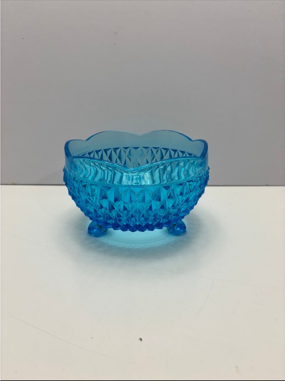Vintage Indiana Glass Blue Diamond Point Footed candyBowl